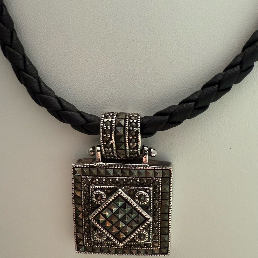 Elegant Black Cord and Sterling Silver Marcasite Pendant Necklace